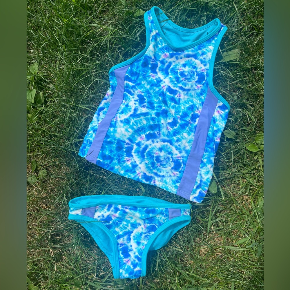 Tie-Dye Tankini Swimsuit Turquoise Blue Purple & Pink Swirls Racerback Girls 7/8